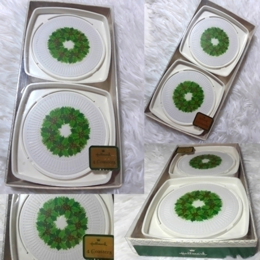 Vintage Hallmark Holiday Berry Wreath Coasters Set